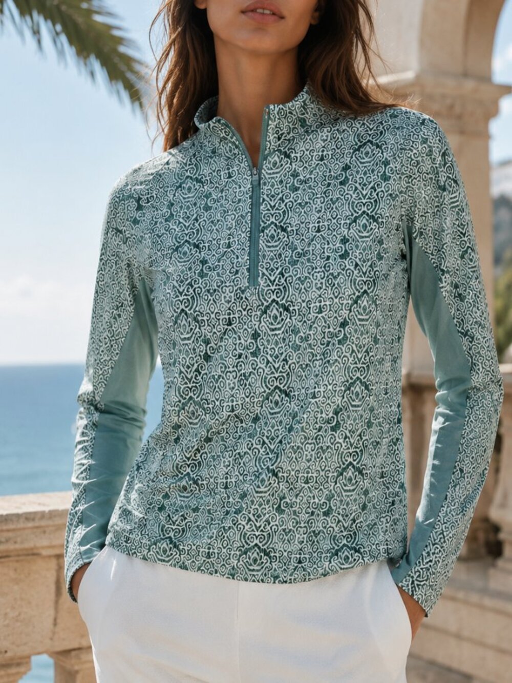 Tommy Bahama Everyday Active 1/4 Zip Top Vibrant Green Damask Print Size XL